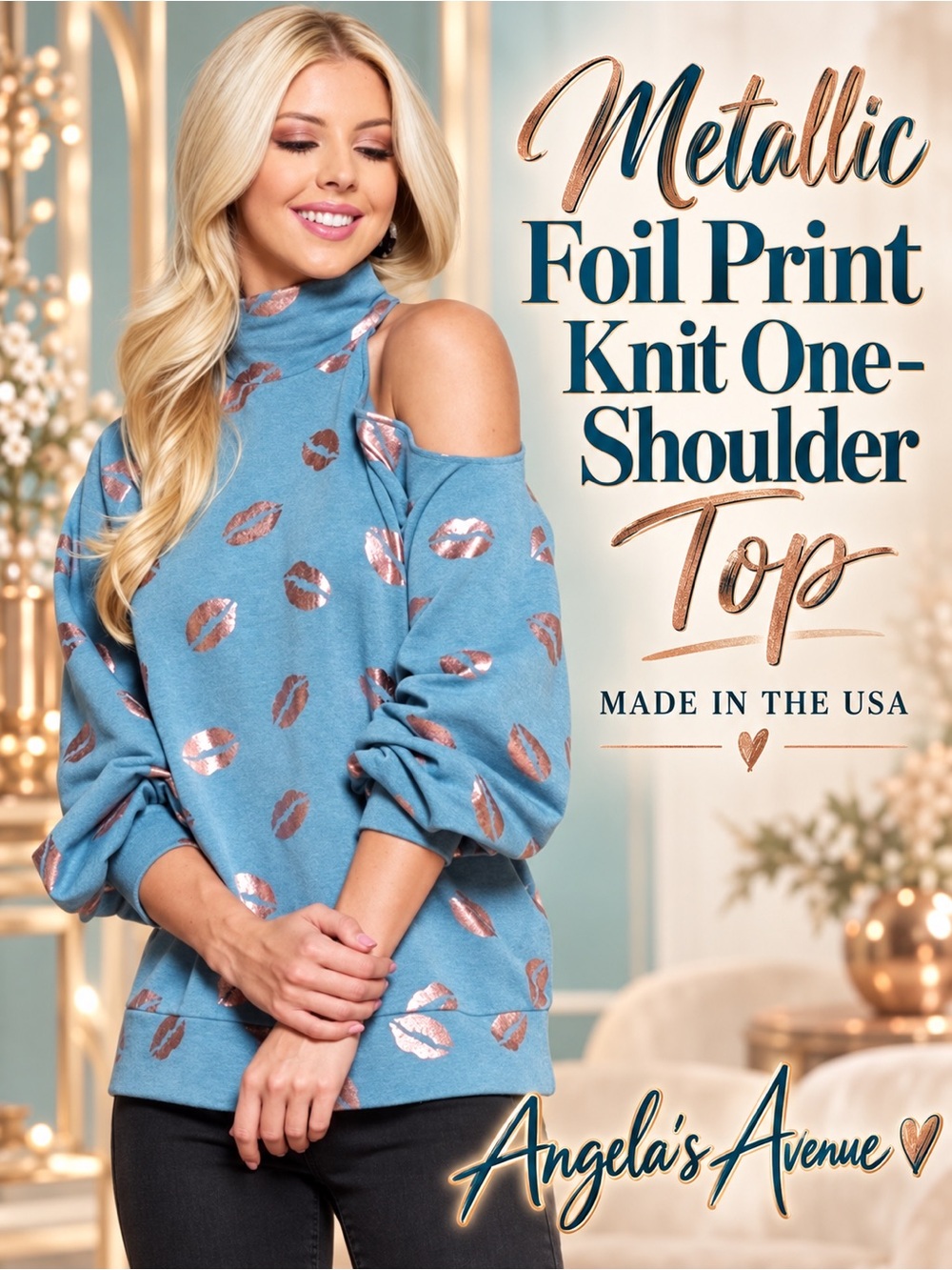 METALLIC FOIL LIP PRINT Knit One Shoulder Top NEW